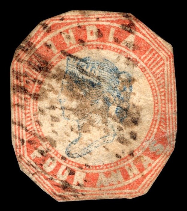India 1854 Queen Victoria four annas, blue head in red octagonal frame